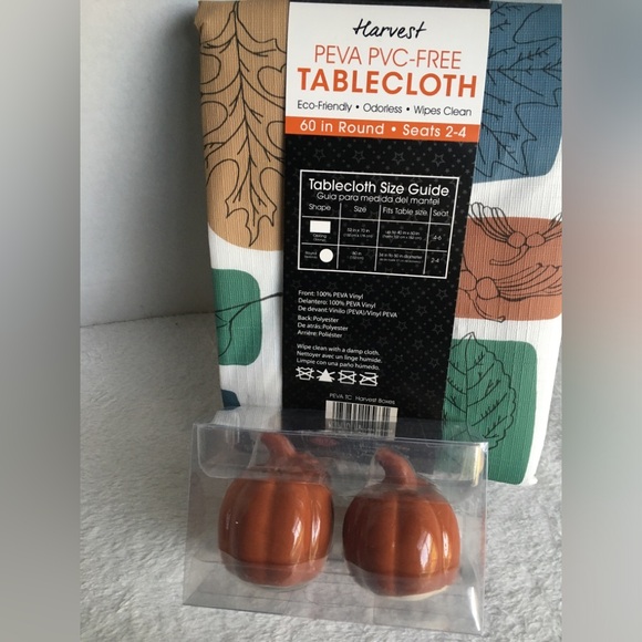Tablecloth Fall Harvest Theme with Pumpkin Salt Pepper Shakers - 60" Round - Picture 4 of 10